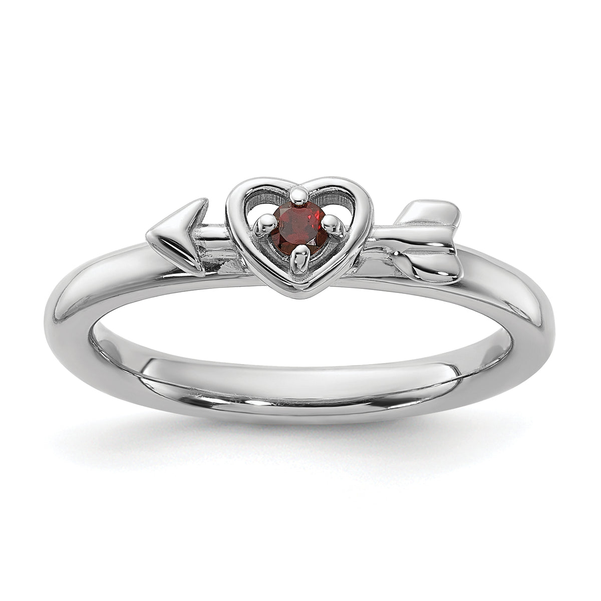 Sterling Silver Stackable Expressions Rhodium-plated Garnet Heart with Arrow Ring - Sophia Jewelers