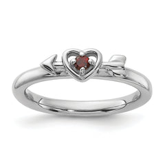 Sterling Silver Stackable Expressions Rhodium-plated Garnet Heart with Arrow Ring - Sophia Jewelers