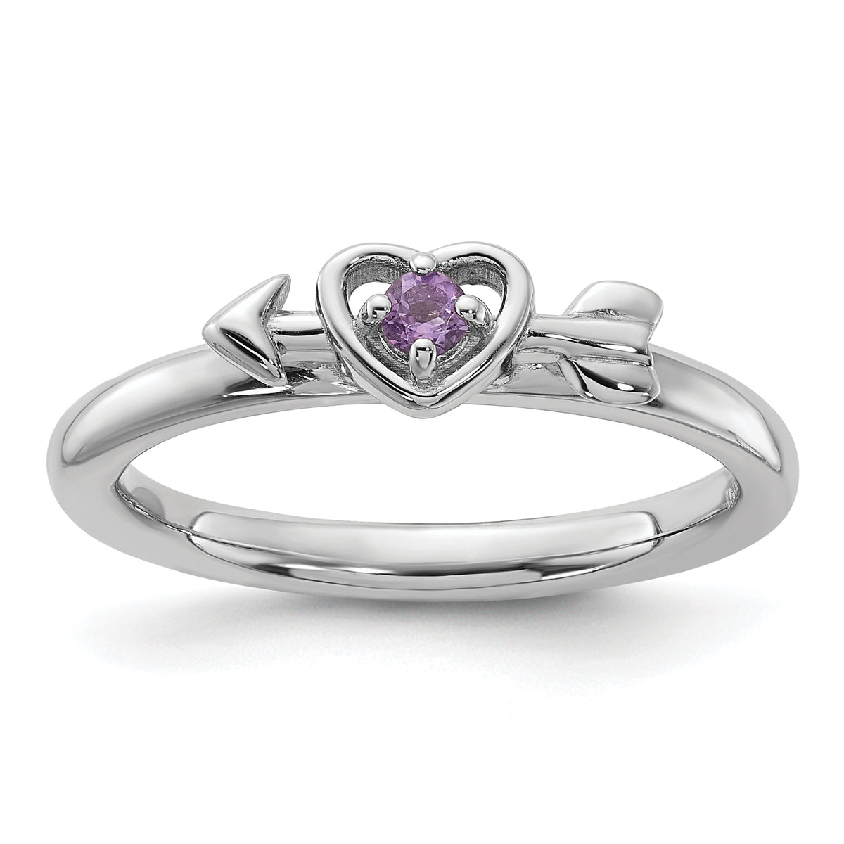 Sterling Silver Stackable Expressions Rhodium-plated Amethyst Heart with Arrow Ring - Sophia Jewelers