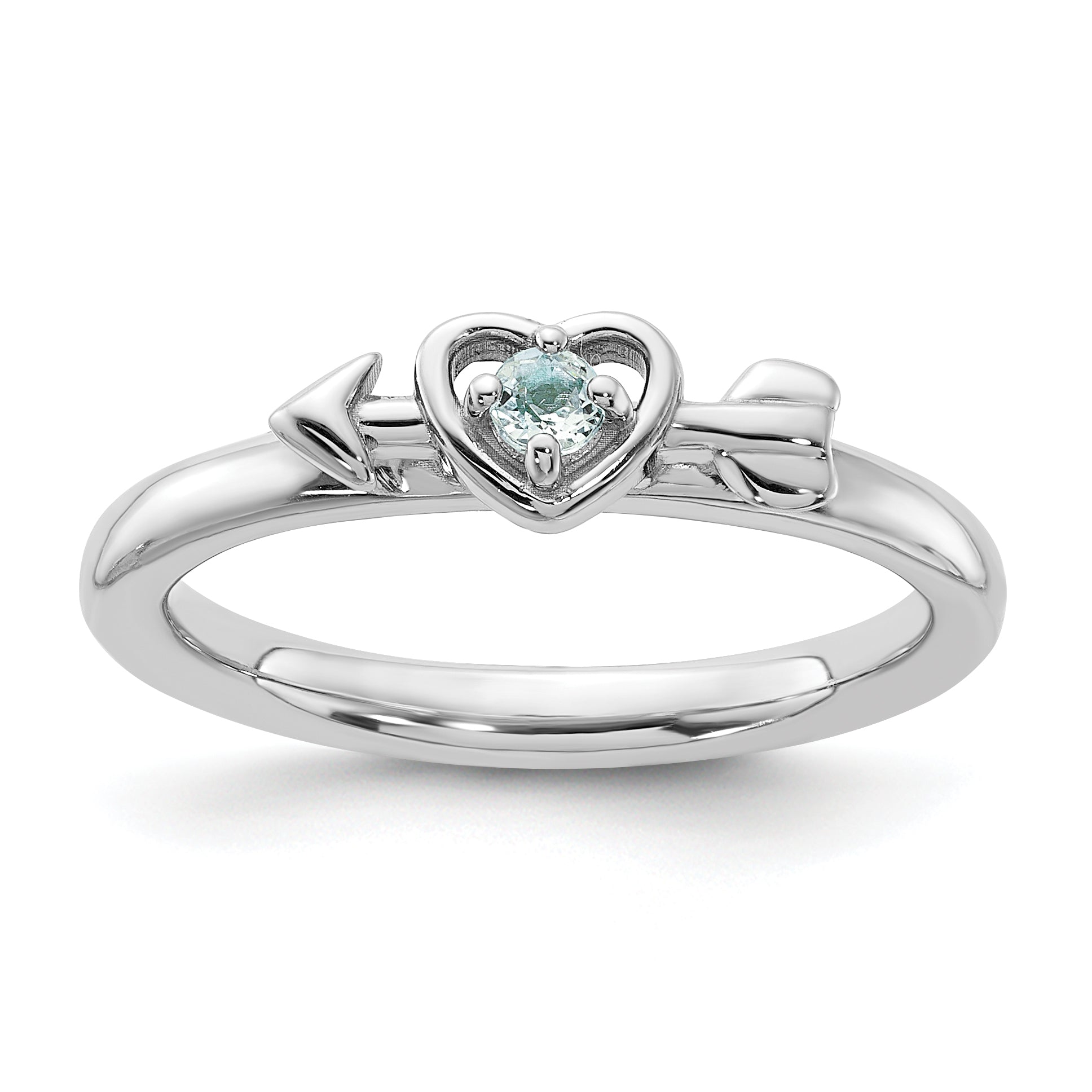 Sterling Silver Stackable Expressions Rhodium-plated Aquamarine Heart with Arrow Ring - Sophia Jewelers