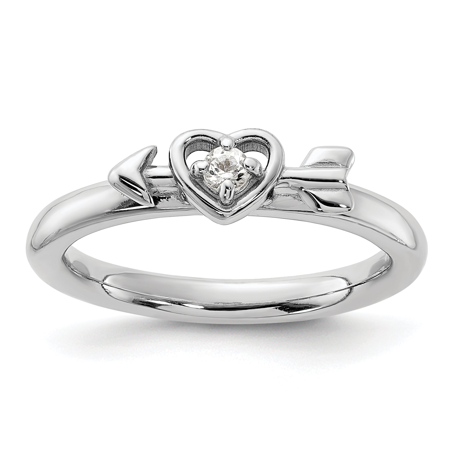 Sterling Silver Stackable Expressions Rhodium-plated White Topaz Heart with Arrow Ring - Sophia Jewelers