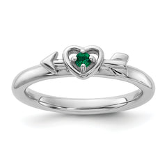 Sterling Silver Stackable Expressions Rhodium-plated Created Emerald Heart with Arrow Ring - Sophia Jewelers