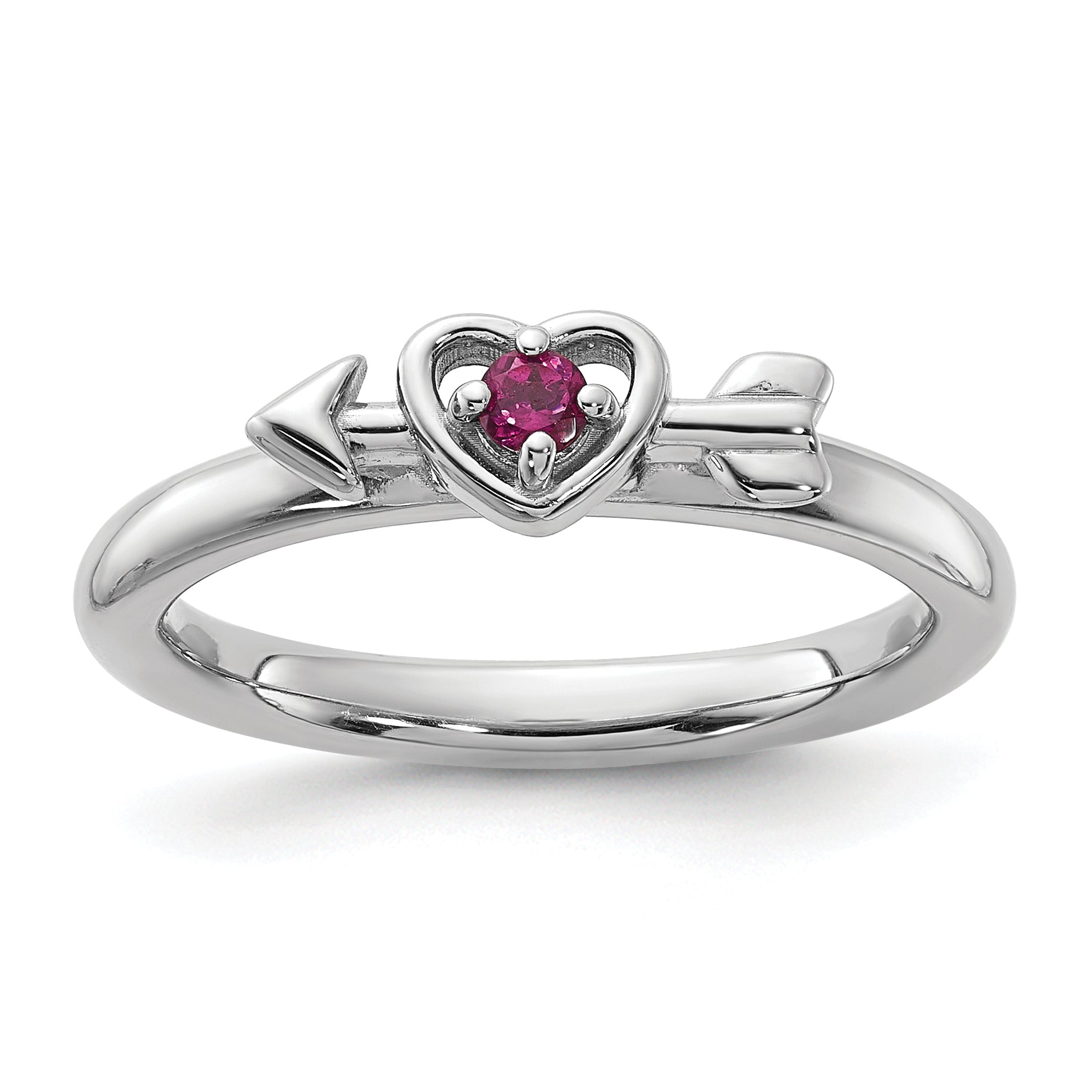 Sterling Silver Stackable Expressions Rhodium-plated Rhodolite Heart with Arrow Ring - Sophia Jewelers