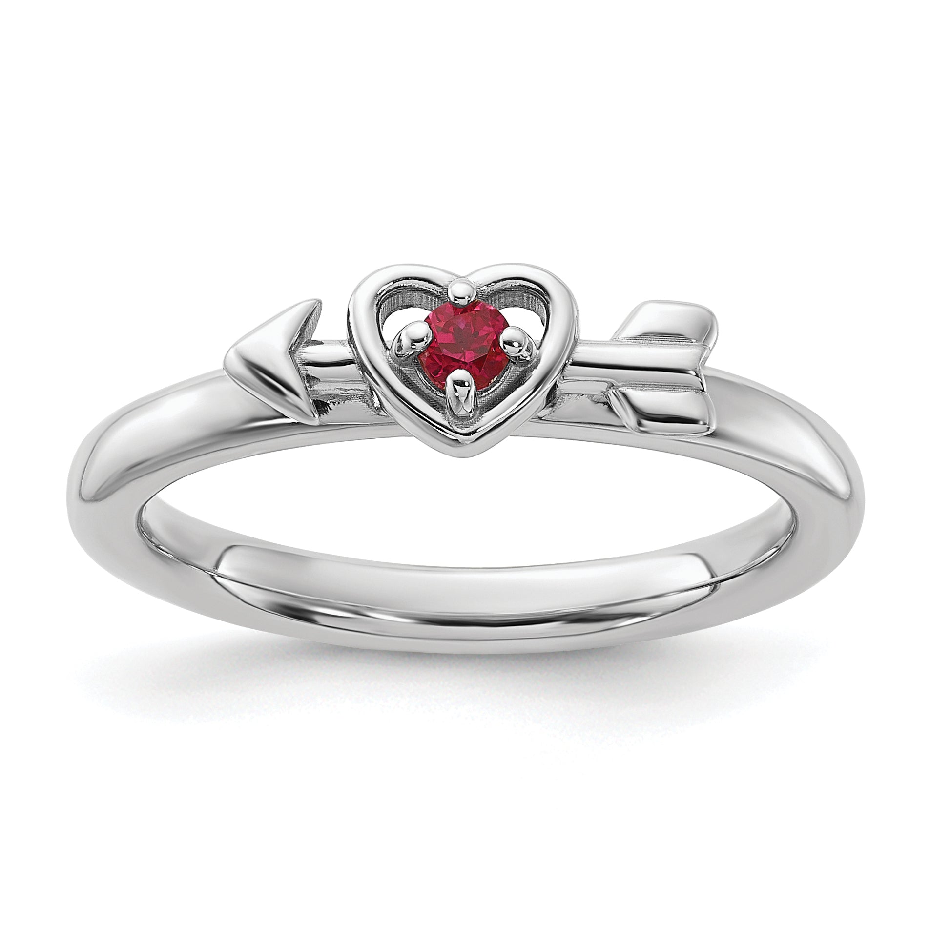 Sterling Silver Stackable Expressions Rhodium-plated Created Ruby Heart with Arrow Ring - Sophia Jewelers