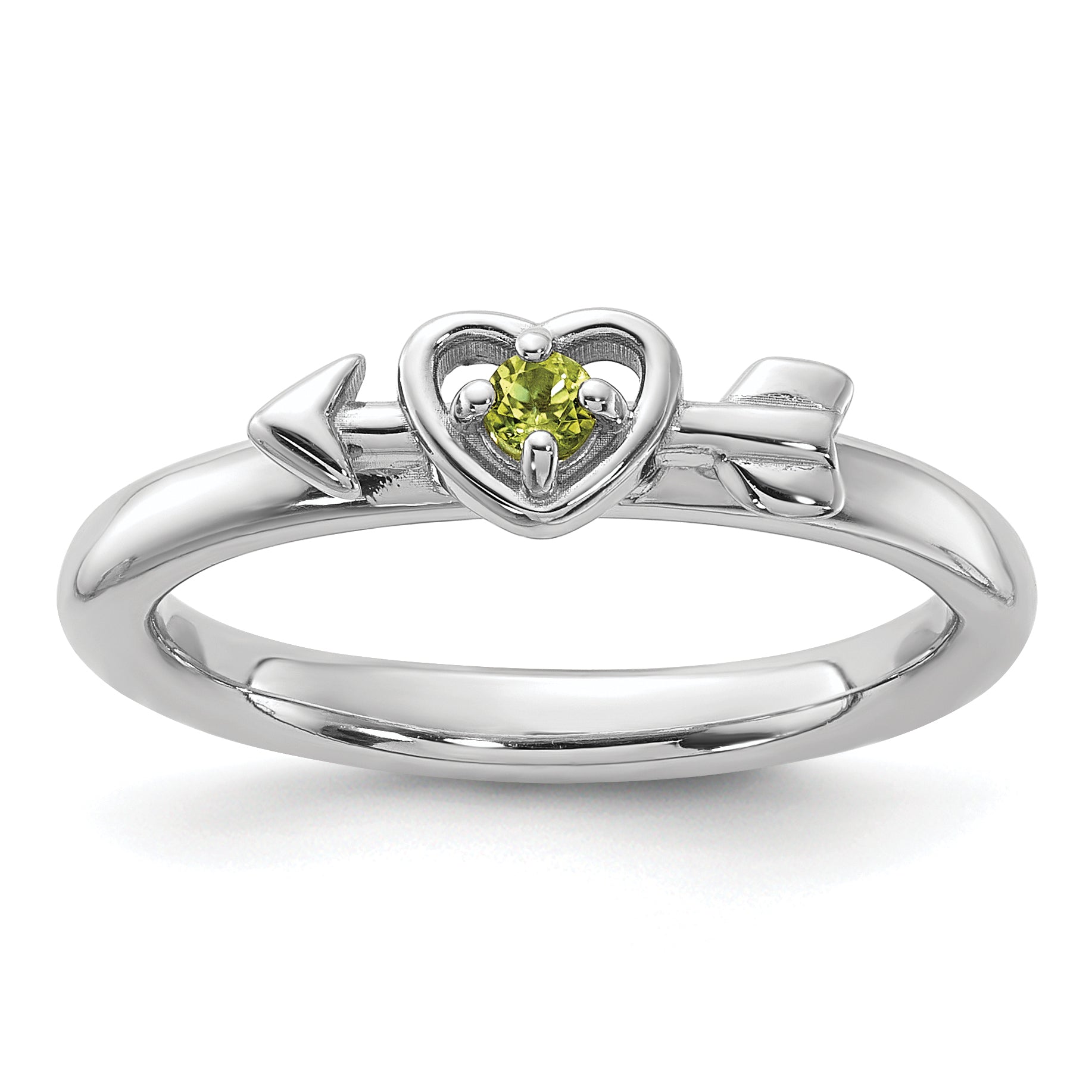 Sterling Silver Stackable Expressions Rhodium-plated Peridot Heart with Arrow Ring - Sophia Jewelers