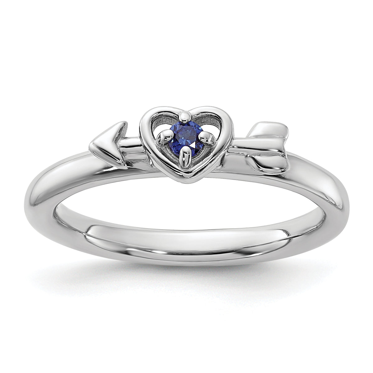 Sterling Silver Stackable Expressions Rhodium-plated Created Sapphire Heart with Arrow Ring - Sophia Jewelers