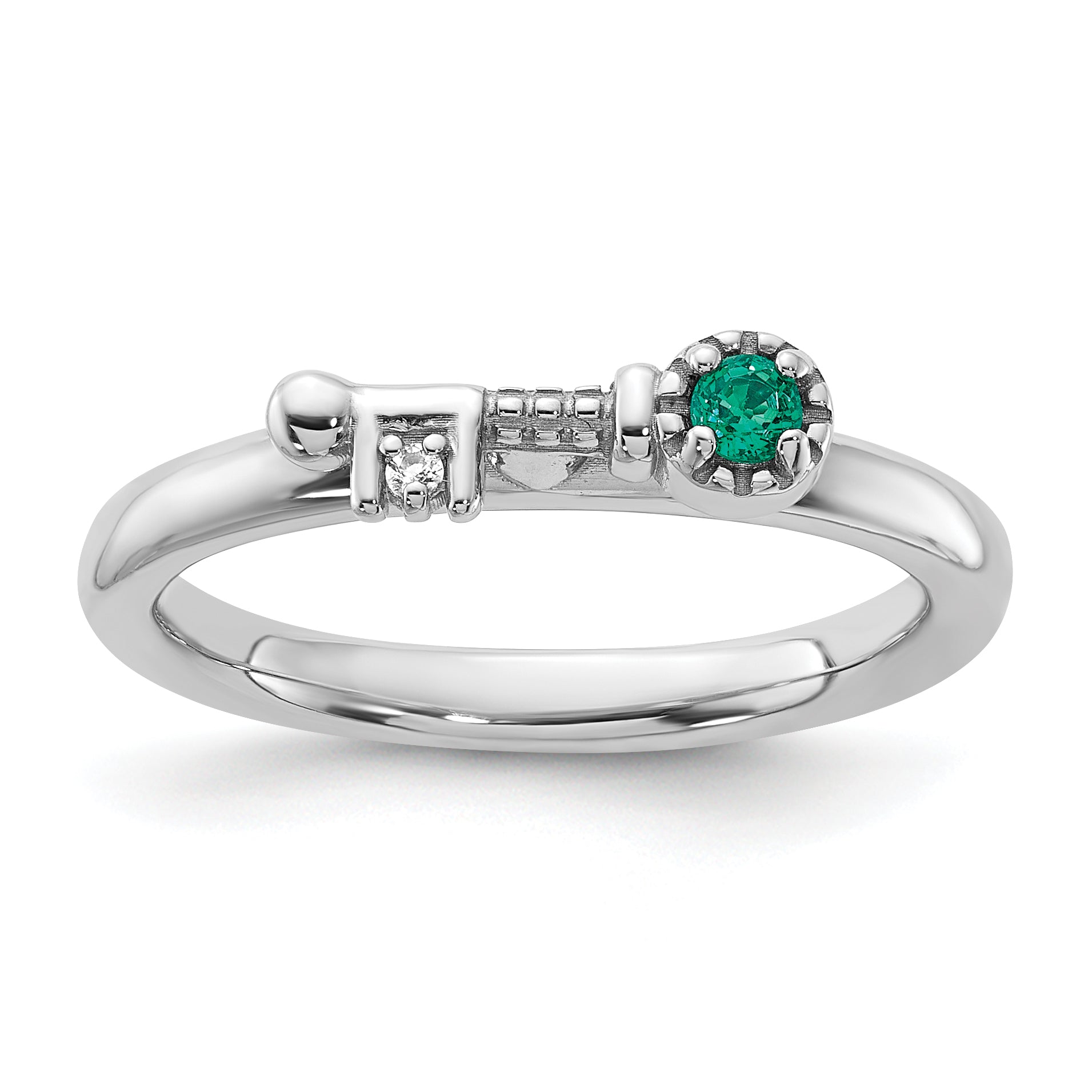 Sterling Silver Stackable Expressions Rhodium-plated Created Emerald and White Topaz Key Ring - Sophia Jewelers