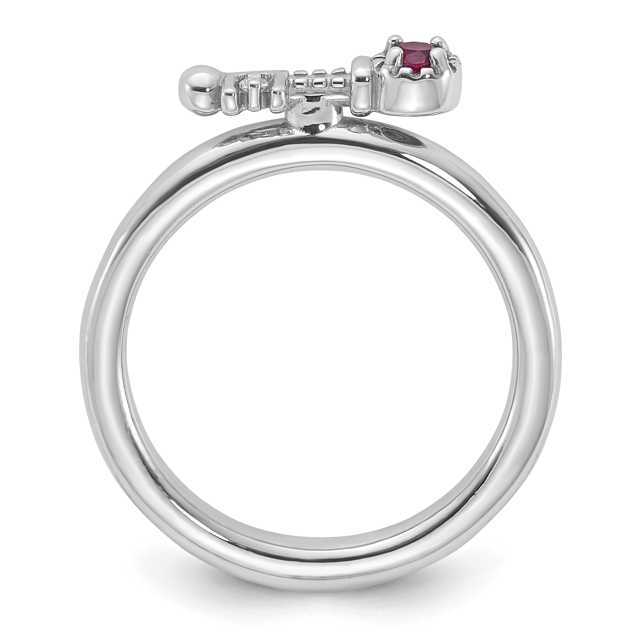 Sterling Silver Stackable Expressions Rhodium-plated Created Ruby and White Topaz Key Ring - Sophia Jewelers