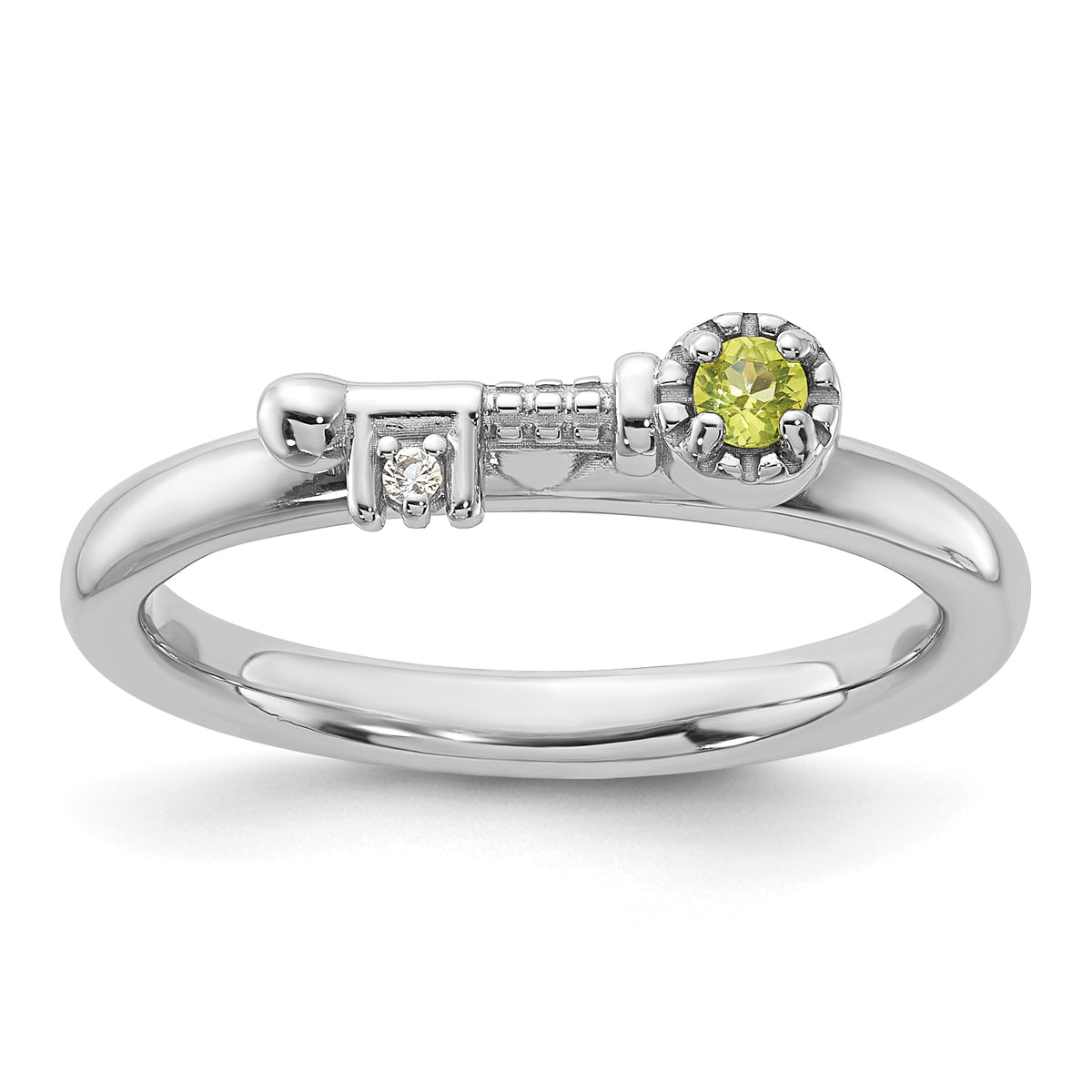 Sterling Silver Stackable Expressions Rhodium-plated Peridot and White Topaz Key Ring - Sophia Jewelers