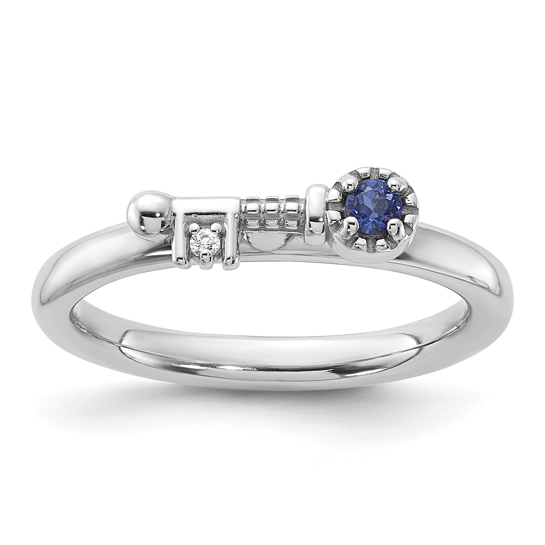 Sterling Silver Stackable Expressions Rhodium-plated Created Sapphire and White Topaz Key Ring - Sophia Jewelers