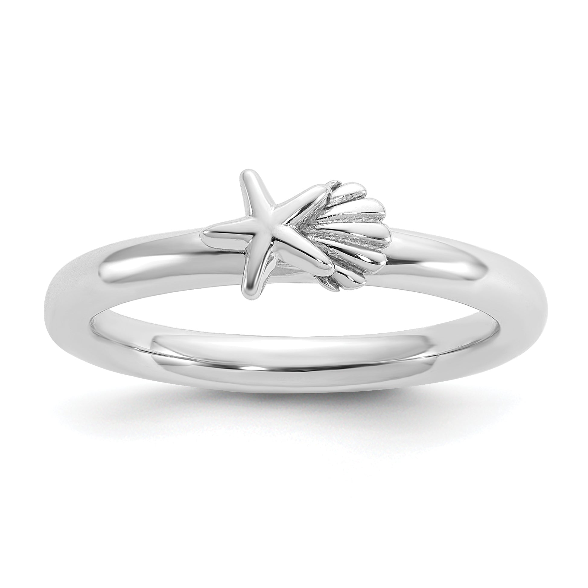 Sterling Silver Stackable Expressions Rh-plated Starfish and Shell Ring - Sophia Jewelers