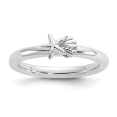 Sterling Silver Stackable Expressions Rh-plated Starfish and Shell Ring - Sophia Jewelers