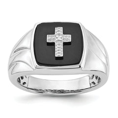 Sterling Silver 925 Men's Polished Onyx & Diamond Cross Ring