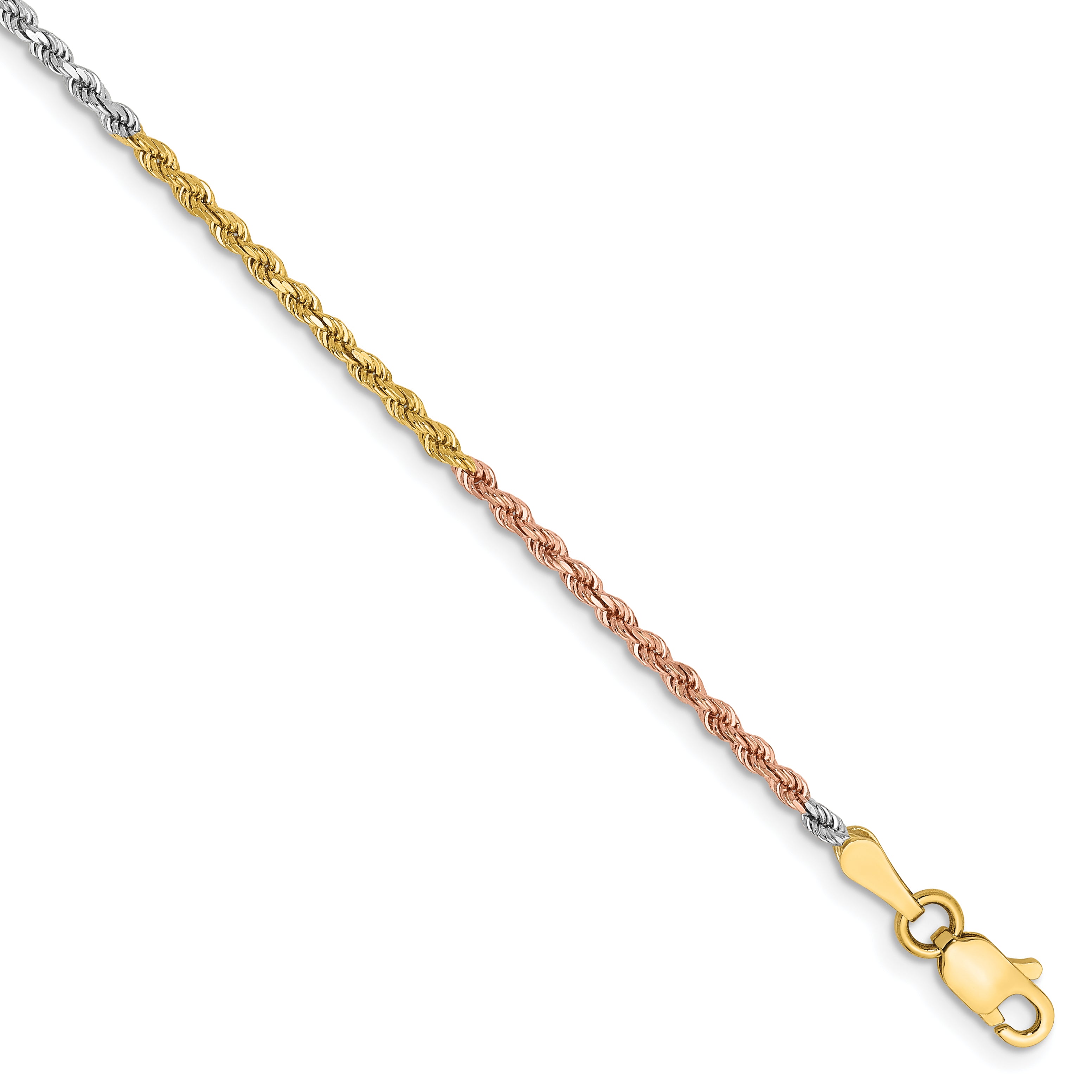 14K Tri-colored 10 inch 1.75mm Diamond-cut Rope with Lobster Clasp Anklet