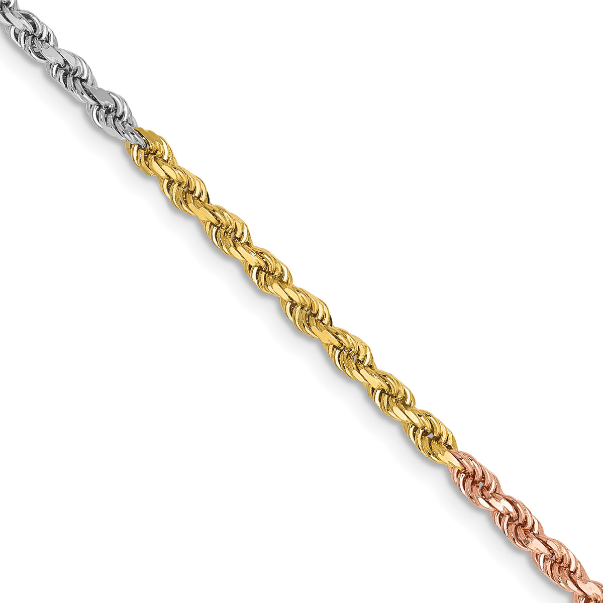 14K Tri-colored 24 inch 2.5mm Diamond-cut Rope with Lobster Clasp Chain