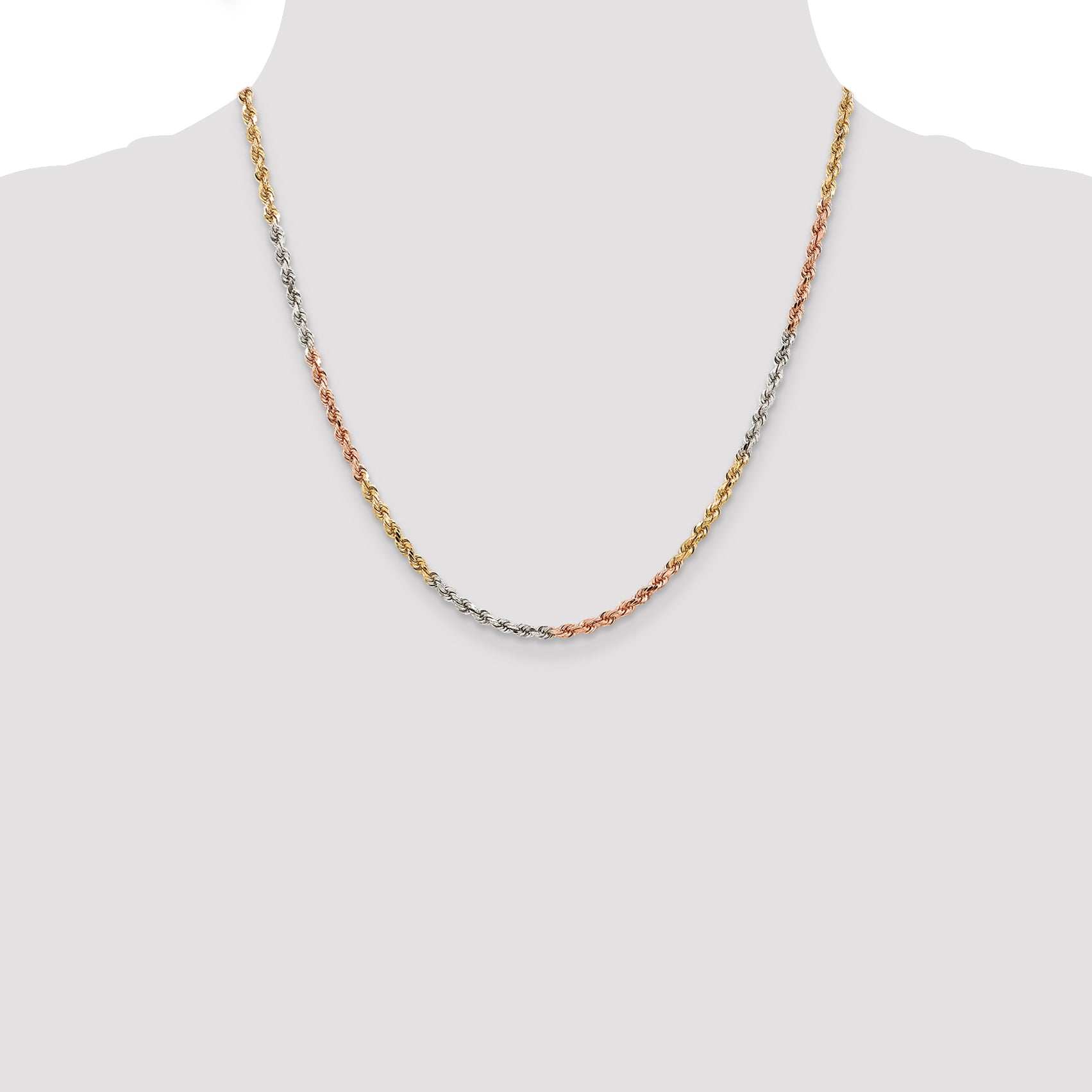 14K Tri-colored 16 inch 2.9mm Diamond-cut Rope with Lobster Clasp Chain