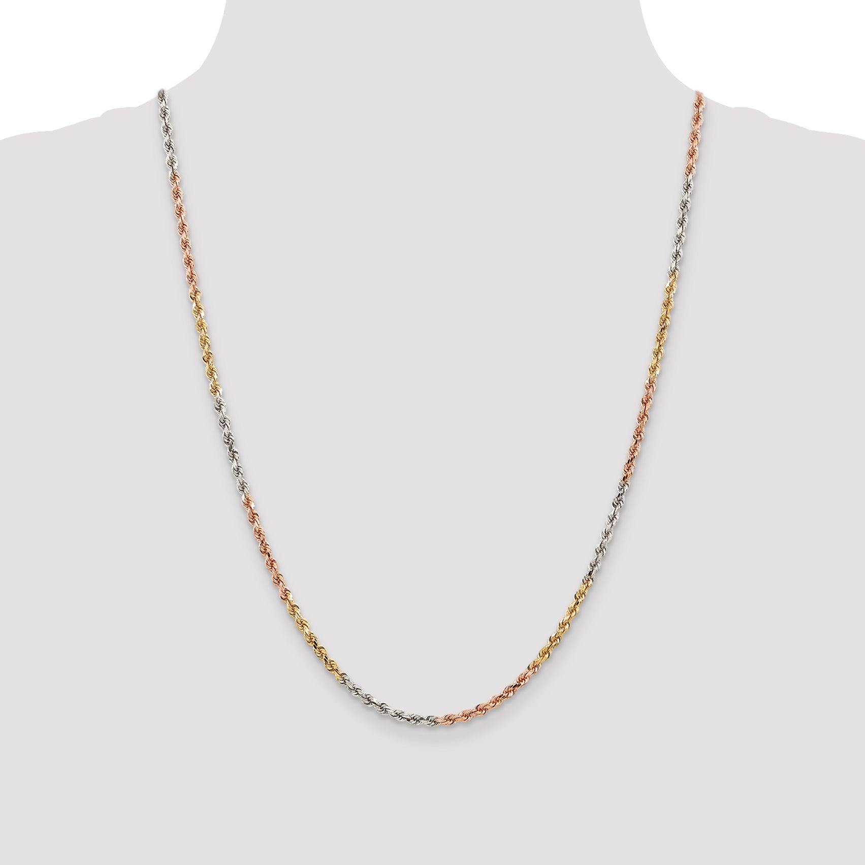 14K Tri-colored 16 inch 2.9mm Diamond-cut Rope with Lobster Clasp Chain