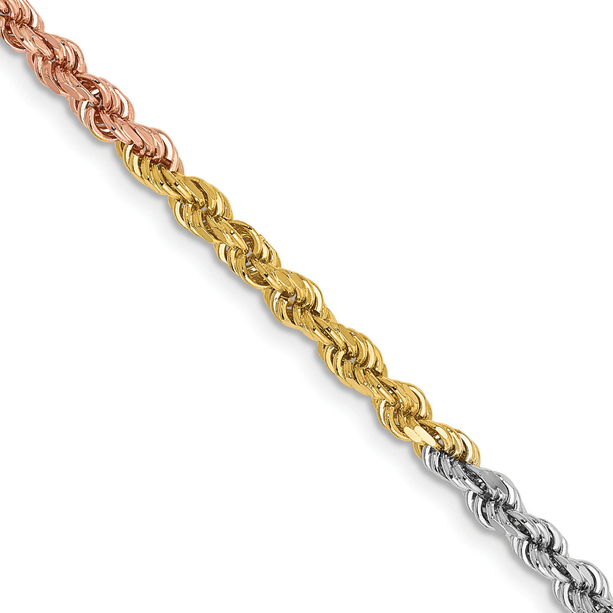 14K Tri-colored 24 inch 2.9mm Diamond-cut Rope with Lobster Clasp Chain