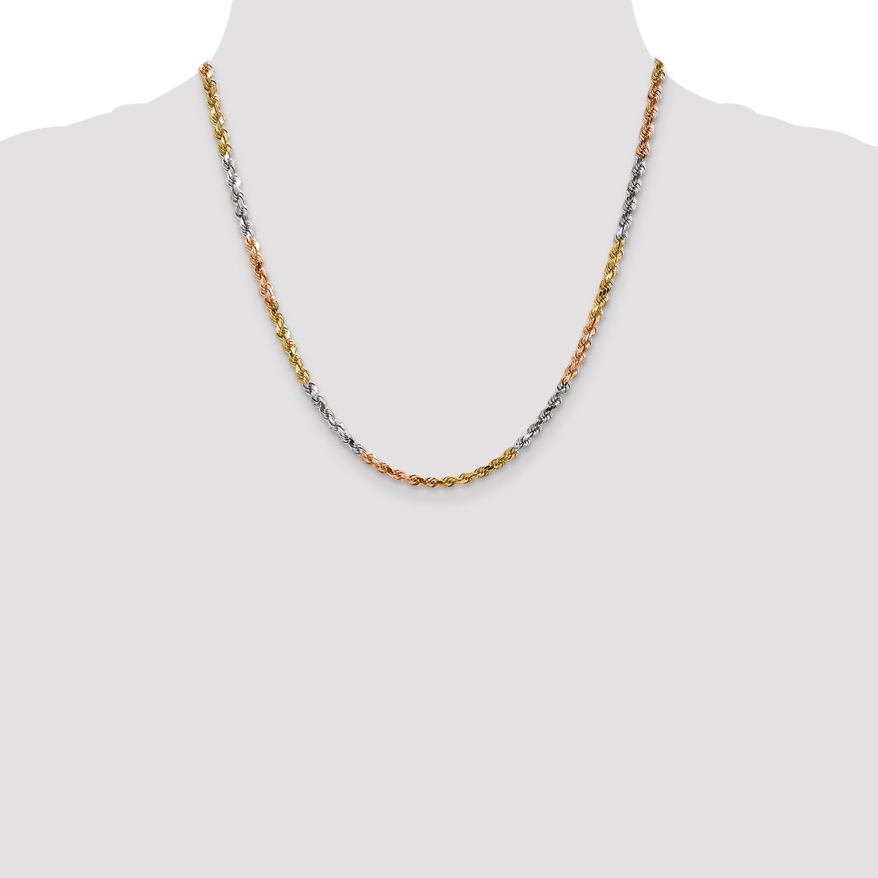 14K Tri-colored 18 inch 4mm Diamond-cut Rope with Lobster Clasp Chain