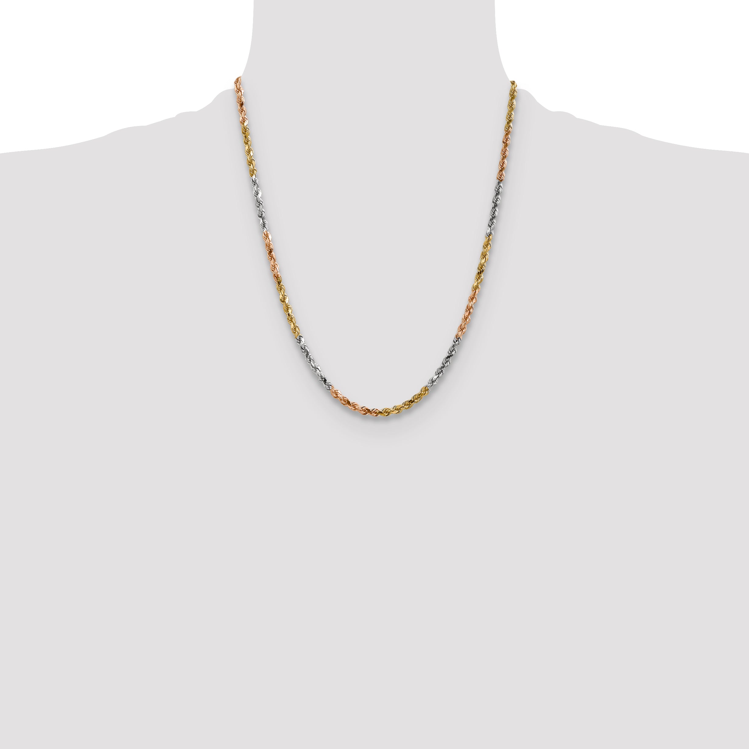 14K Tri-colored 18 inch 4mm Diamond-cut Rope with Lobster Clasp Chain