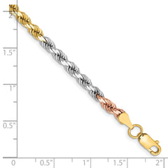 14K Tri-colored 7 inch 4mm Diamond-cut Rope with Lobster Clasp Chain