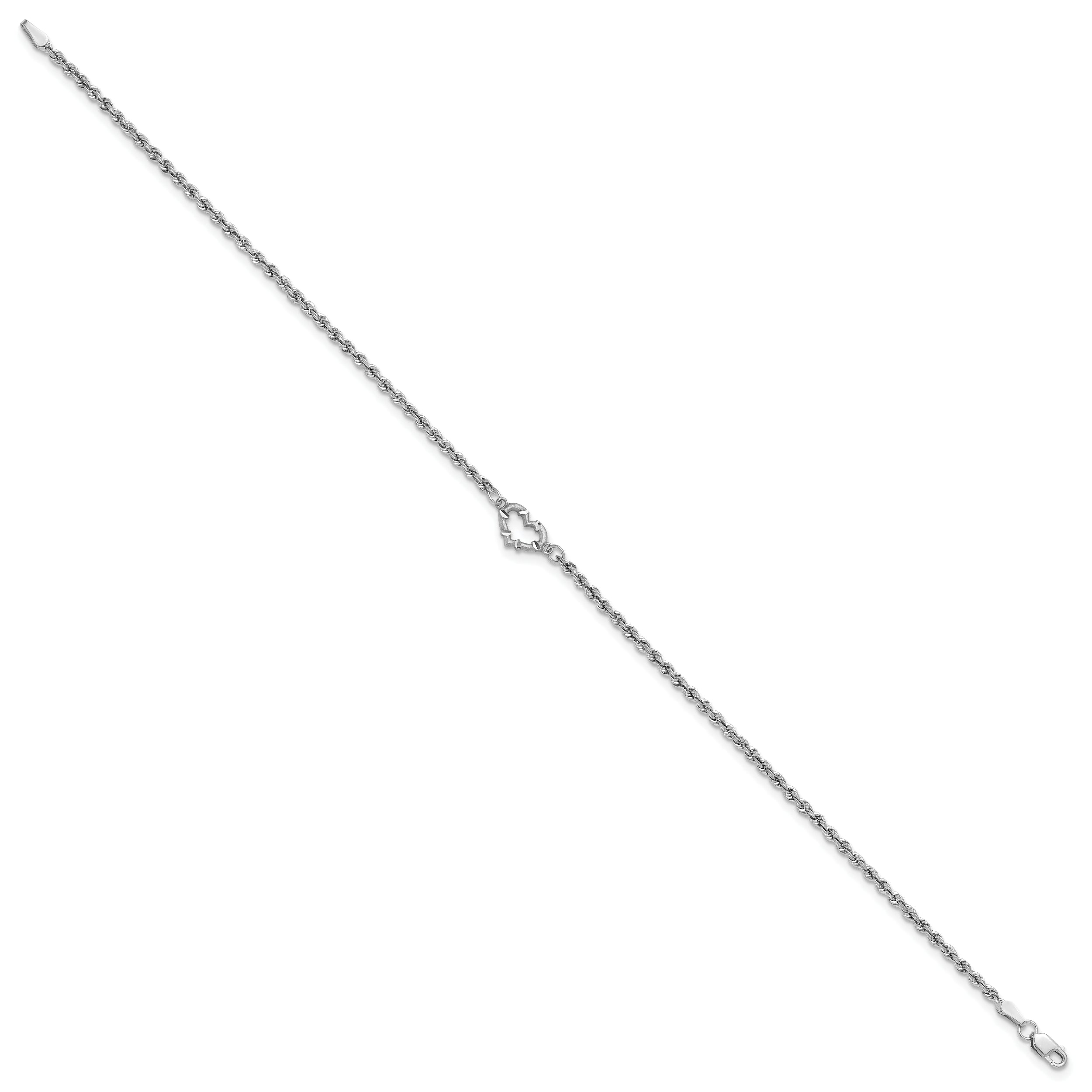 10k White Gold Diamond-cut Rope with Heart 9in Anklet