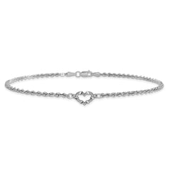 10k White Gold Diamond-cut Rope with Heart 9in Anklet