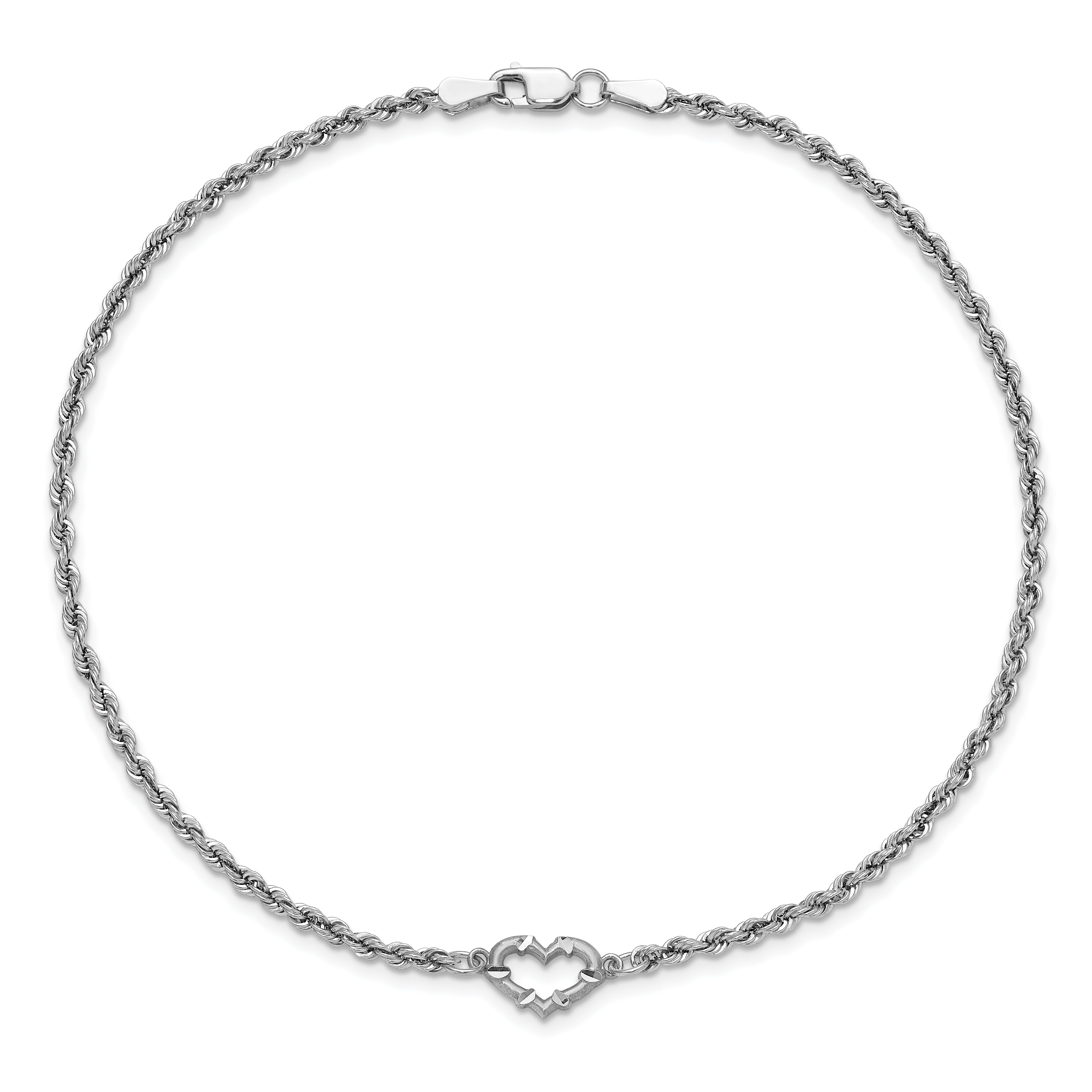 10k White Gold Diamond-cut Rope with Heart 9in Anklet