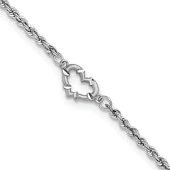 10k White Gold Diamond-cut Rope with Heart 10in Anklet