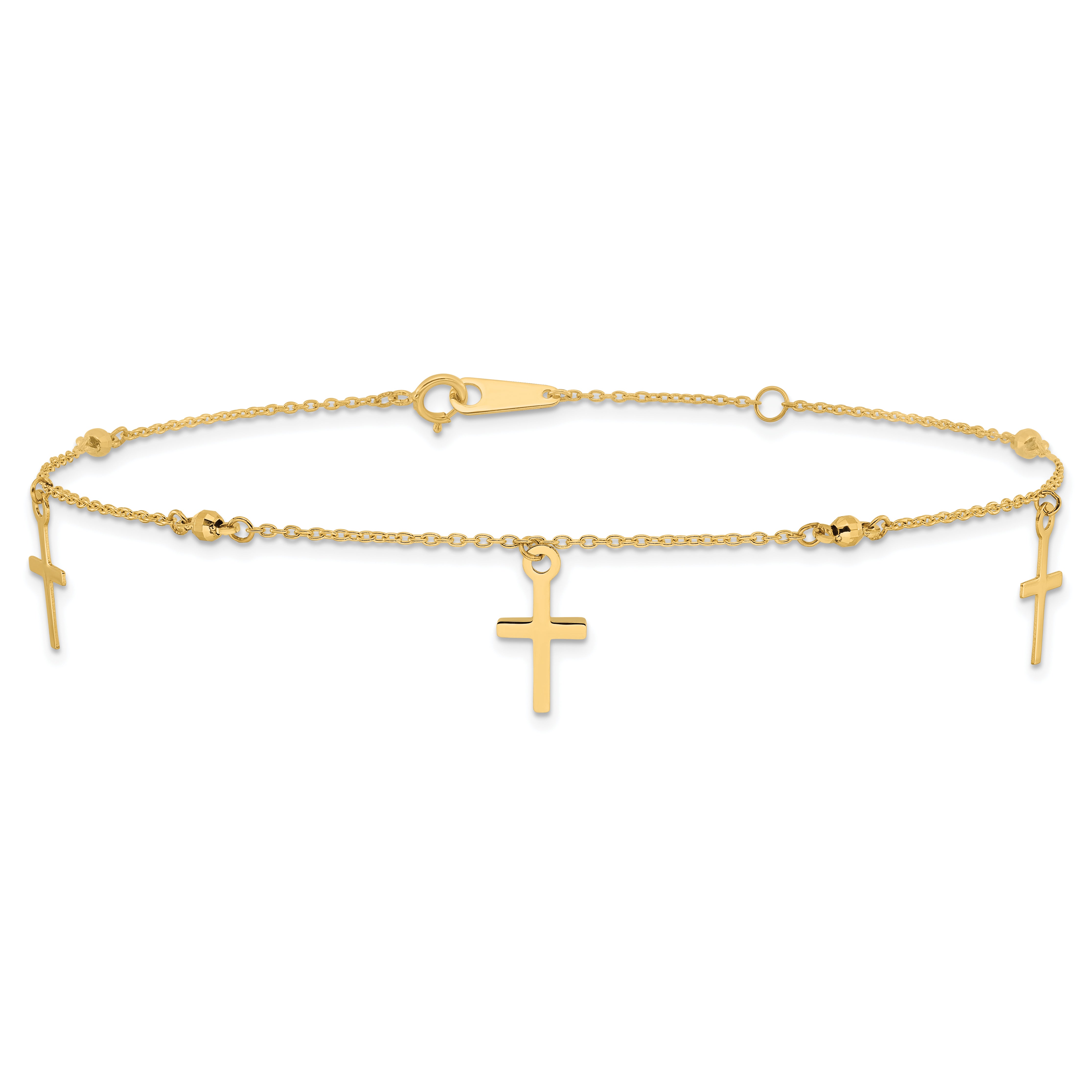 10k Polished and Textured Cross 9in Plus 1in ext. Anklet