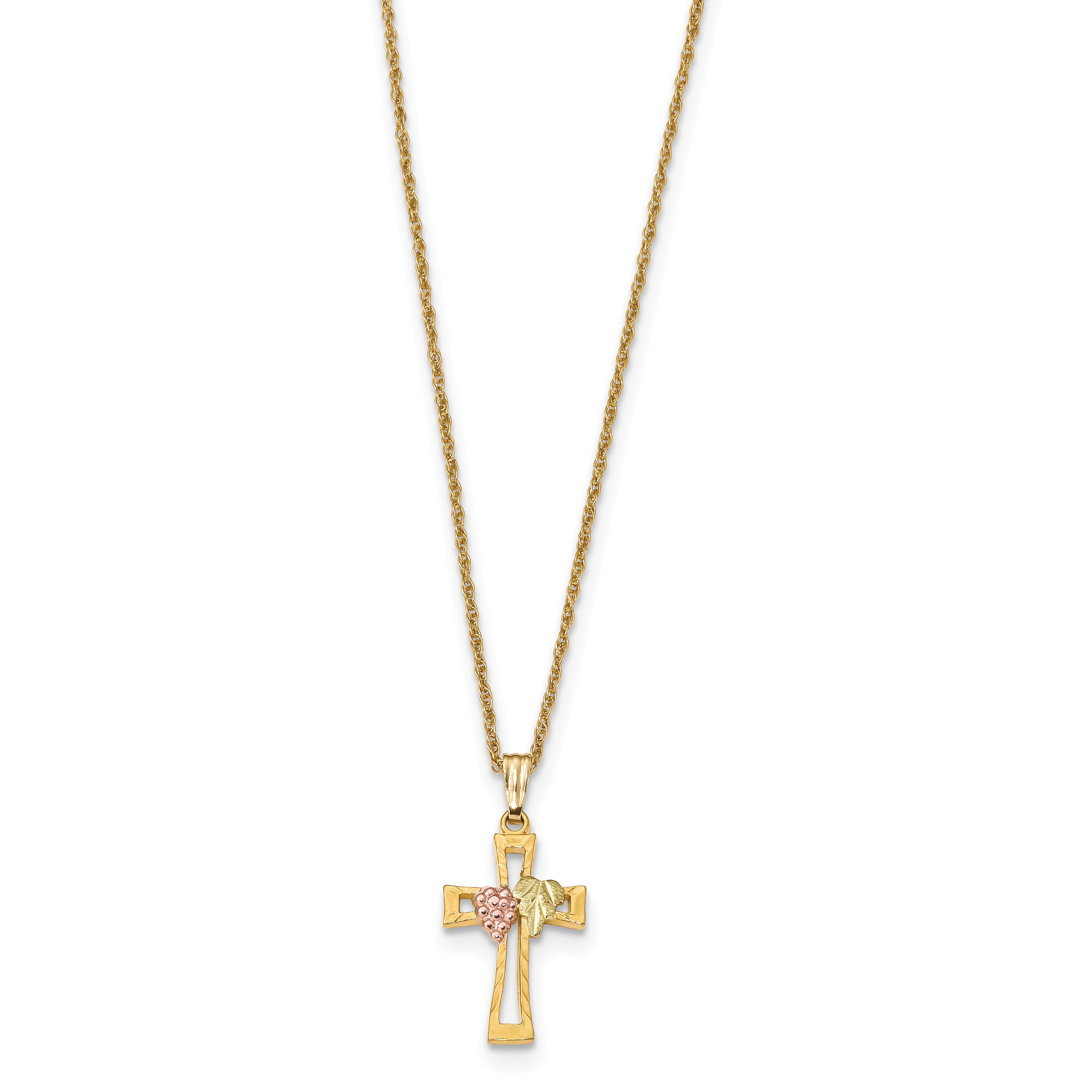 10K Tri-Color Black Hills Gold Crucifix Necklace with Polished Finish