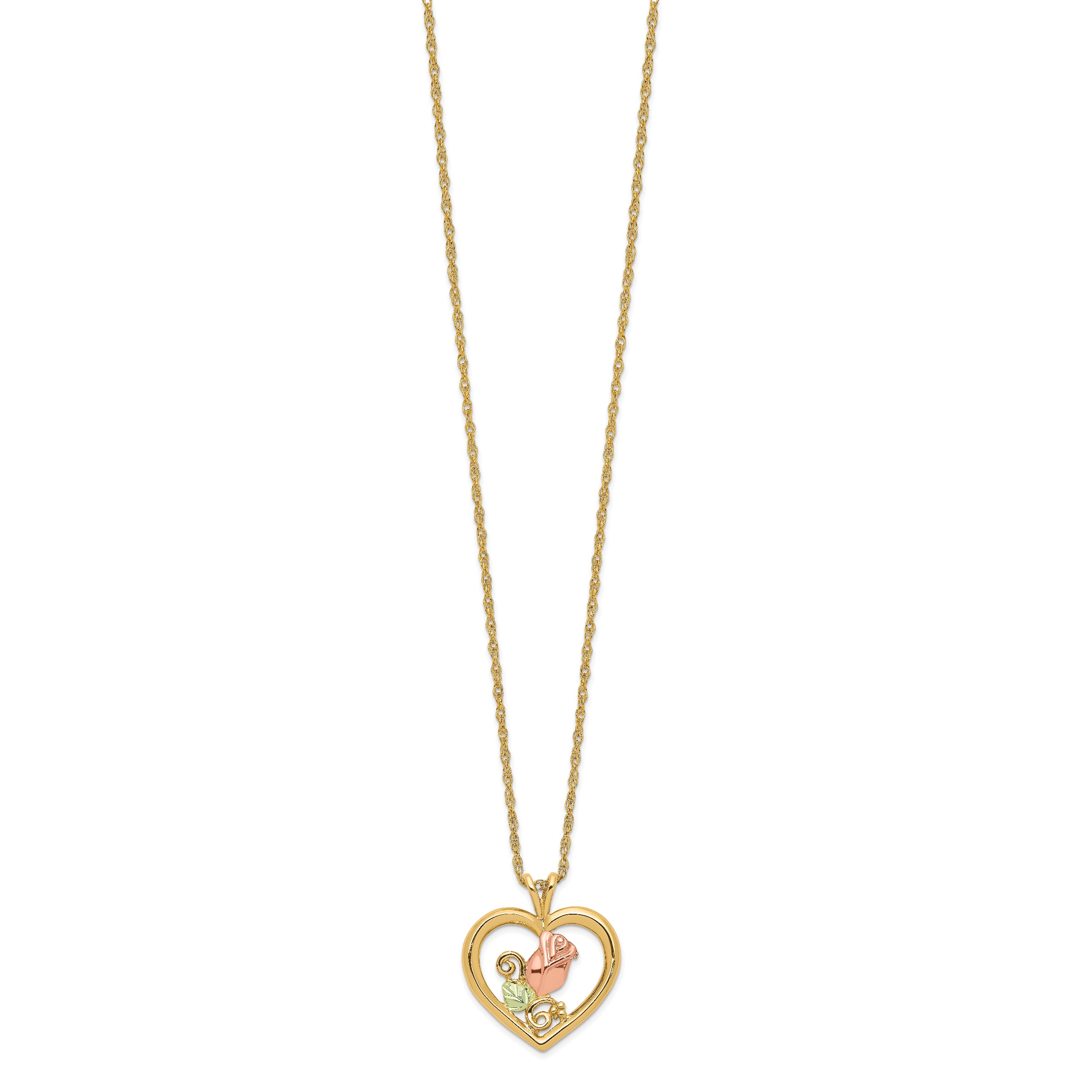 10k Tri-Color Black Hills Gold Rose in Heart Necklace