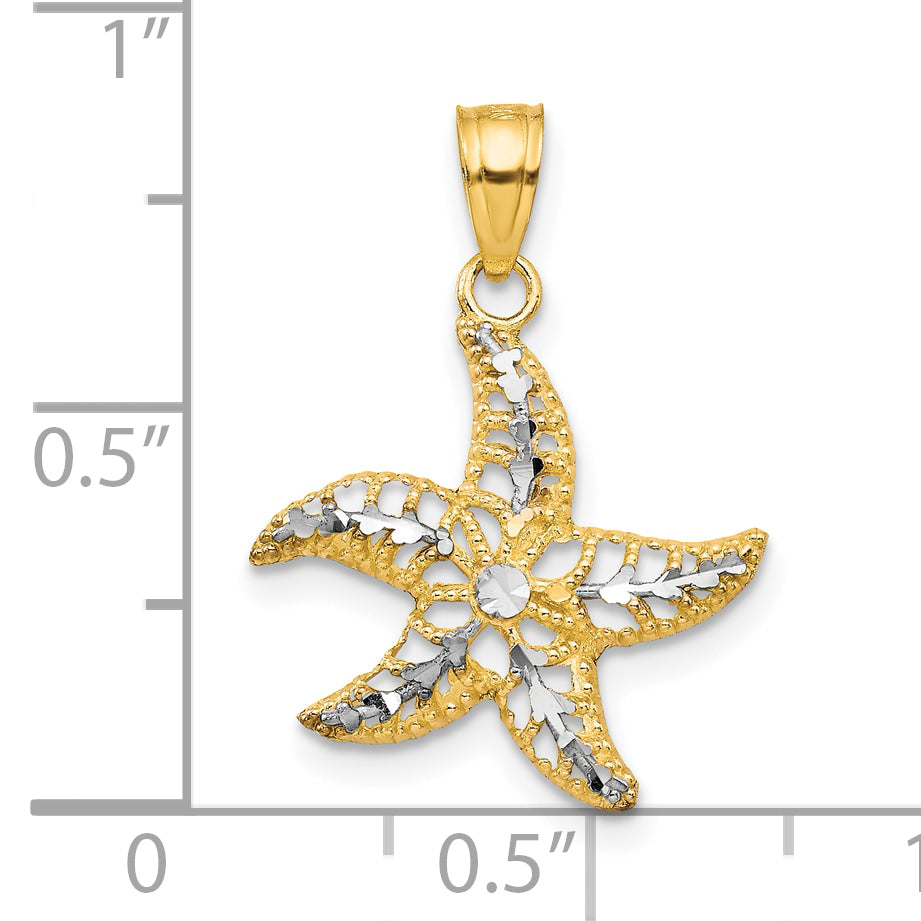 10K Gold Starfish Charm with Rhodium Accents, Polished and Solid