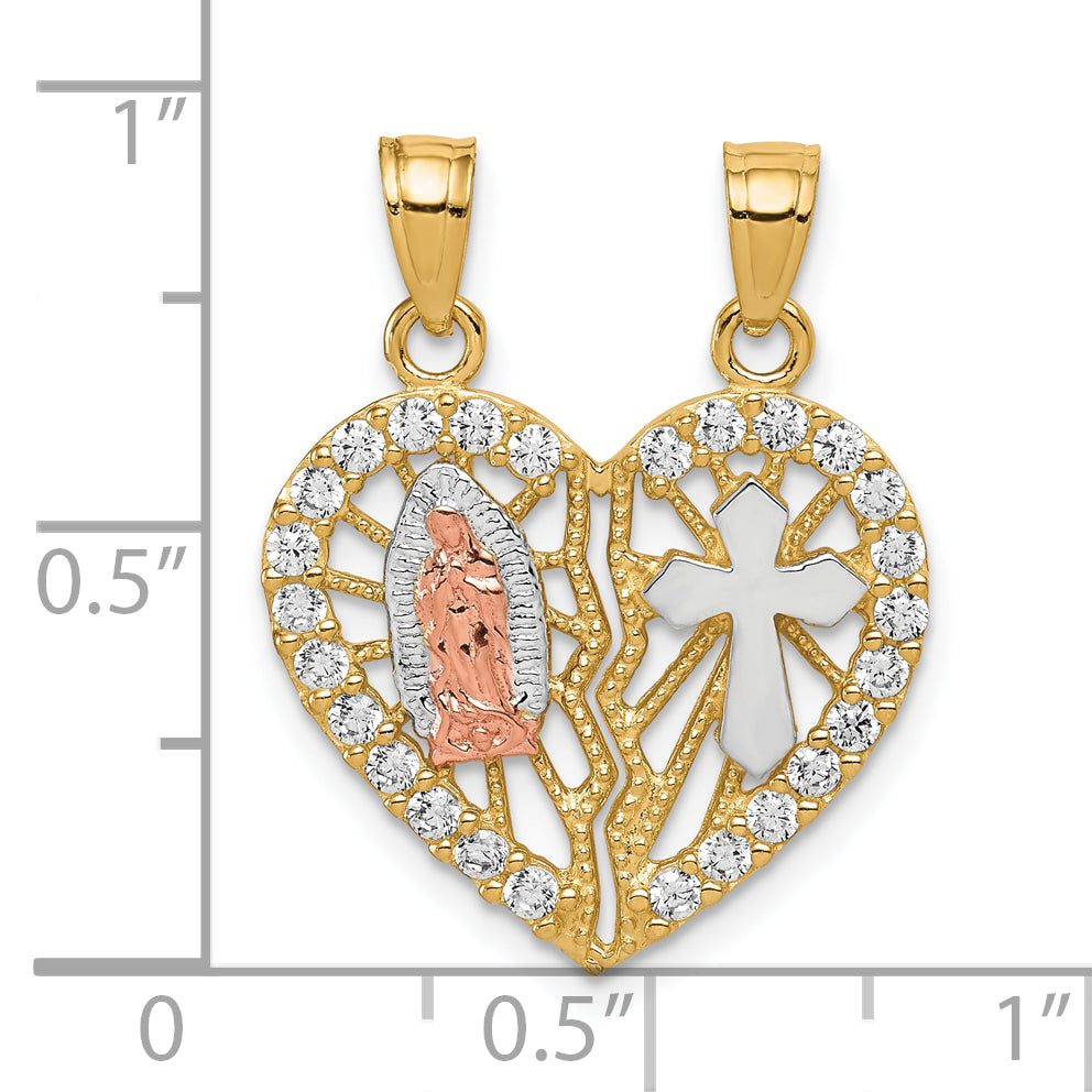 10k Two-tone w/ White Rhodium CZ Religious Break-apart Heart Pendant