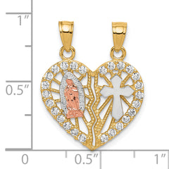 10K Two-Tone Gold Religious CZ Break-Apart Heart Pendant with Rhodium Accent