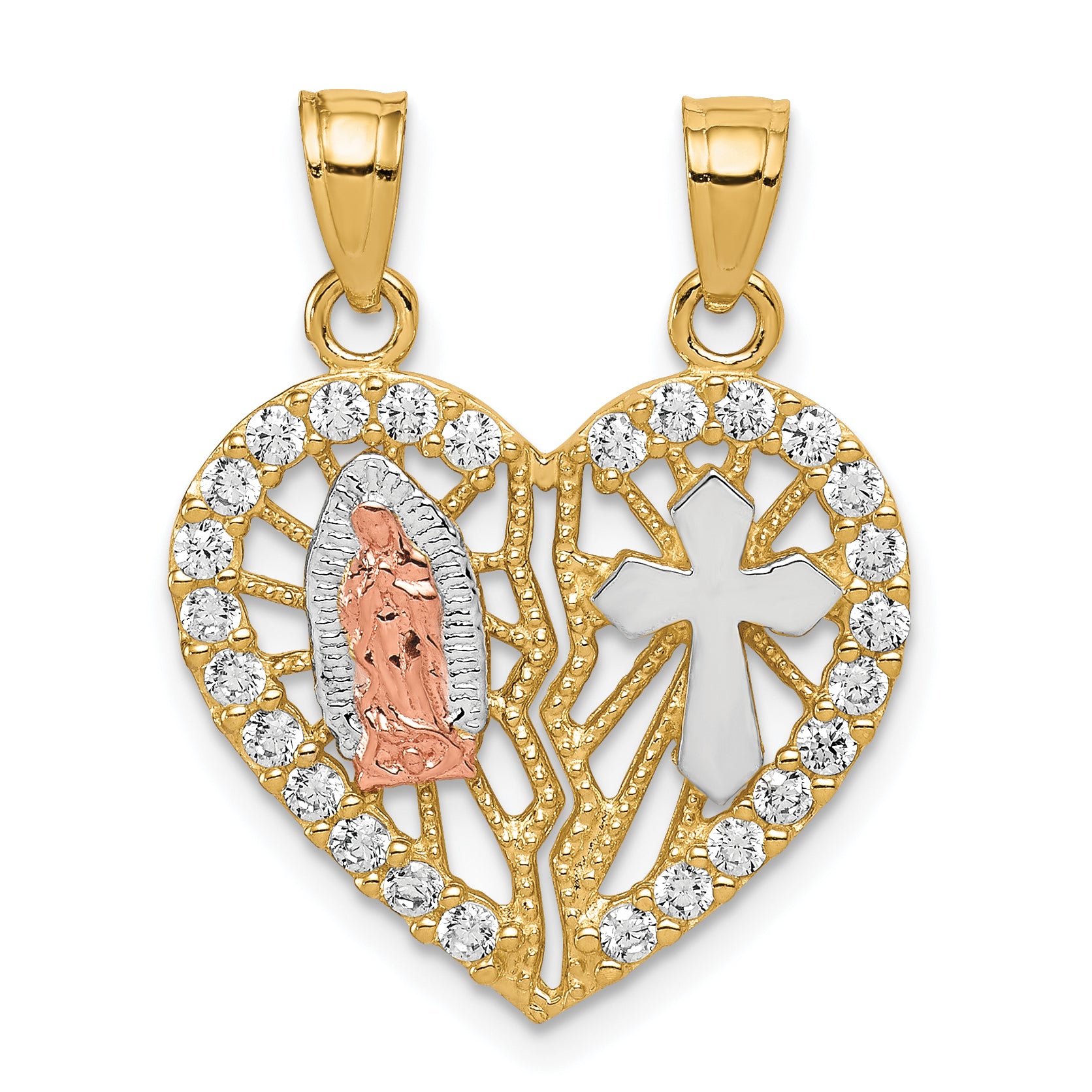 10k Two-tone w/ White Rhodium CZ Religious Break-apart Heart Pendant