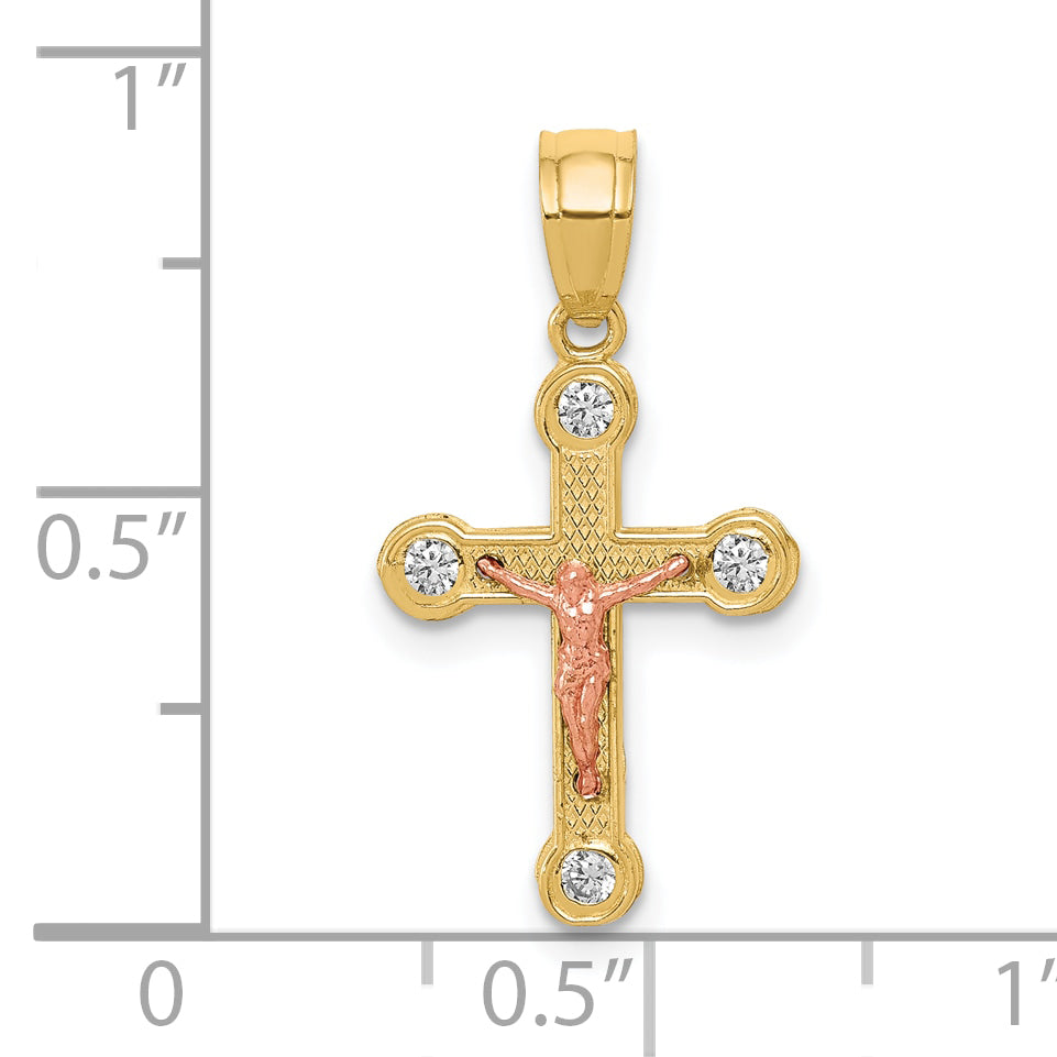 10k Two-tone Yellow and Rose Gold CZ Crucifix Pendant