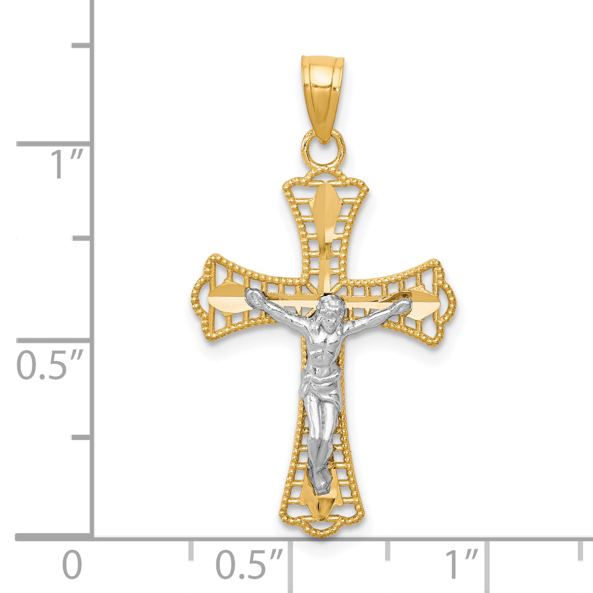 10K Gold Polished Crucifix Pendant with Rhodium Diamond-Cut Detailing