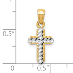 10K Gold Cross Pendant with Rhodium Accents and Polished Finish