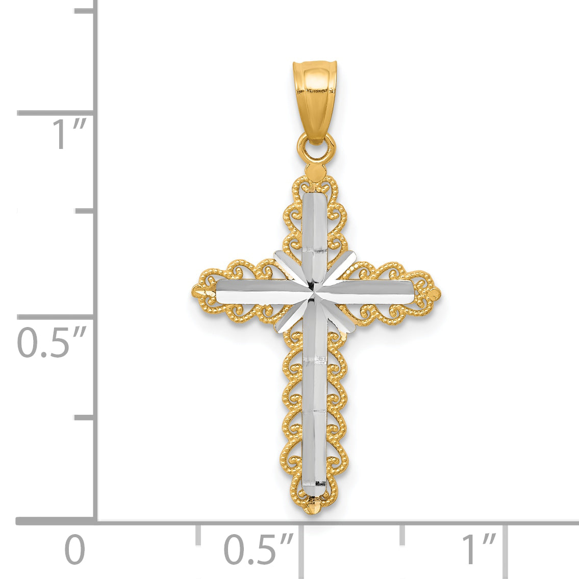 10K Gold Rhodium-Accented Cross Pendant with Diamond-Cut Design, Polished Finish