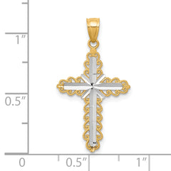 10K Gold Rhodium-Accented Cross Pendant with Diamond-Cut Design, Polished Finish