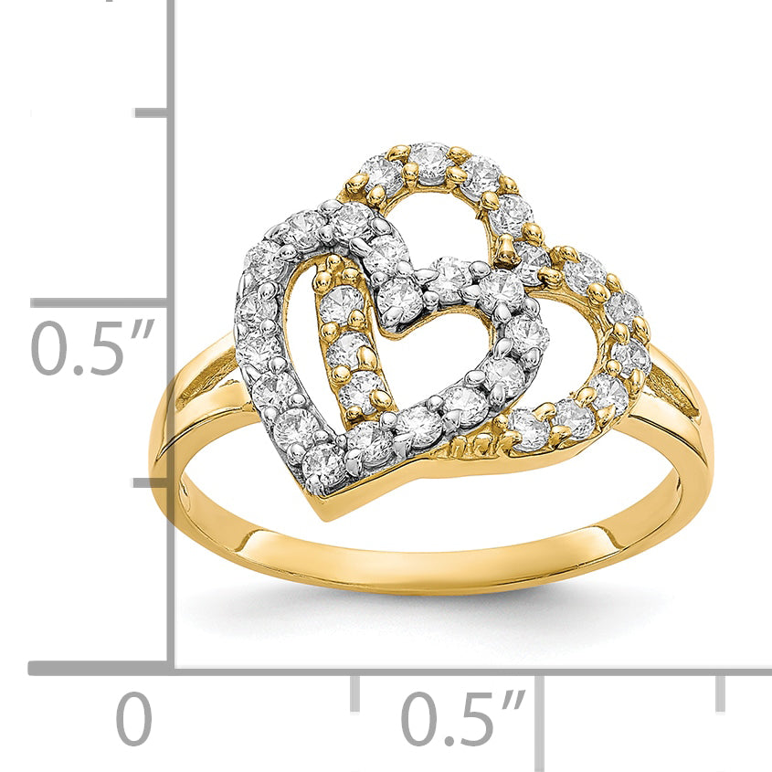 10K WithRhodium Double Heart CZ Ring