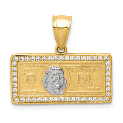 10K w/Rhodium CZ Micropave 100 Dollar Bill Pendant