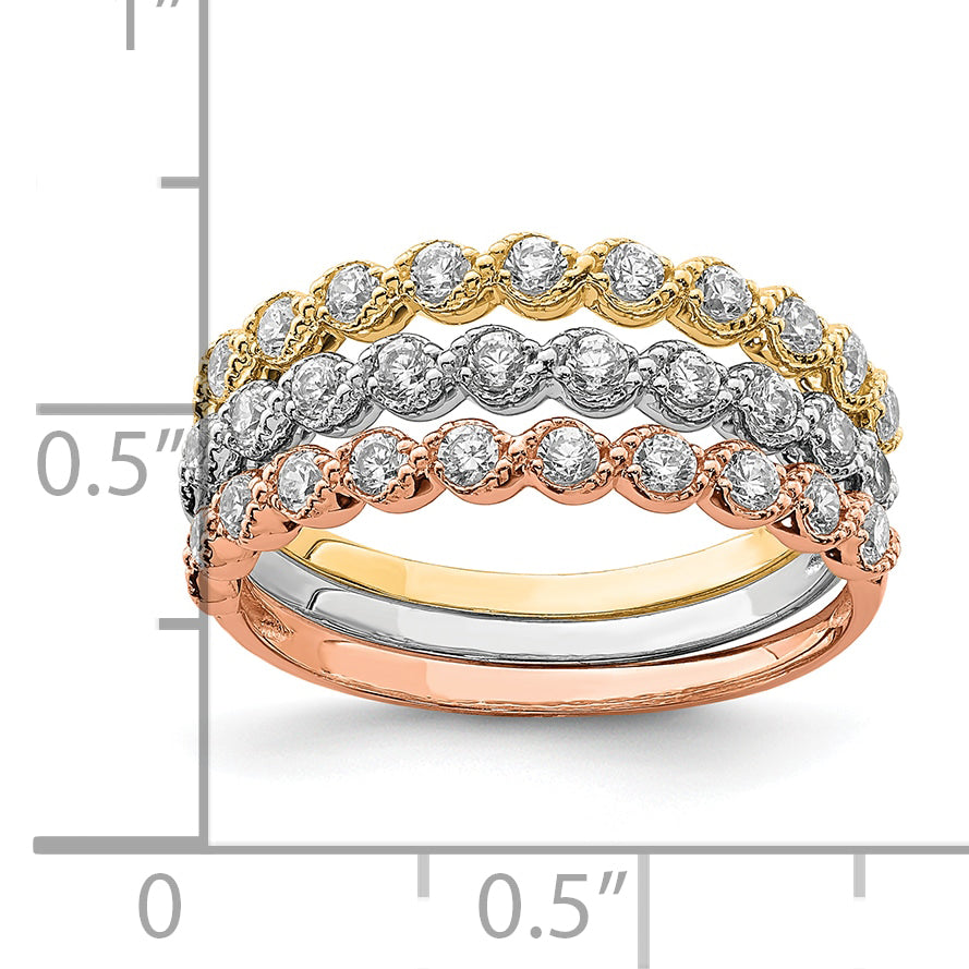 10K Tri-color Set of Three Stackable CZ Rings