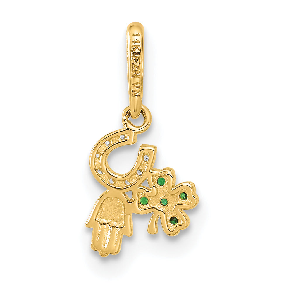 10K Polished Clover Horseshoe Hamsa CZ Luck Pendant