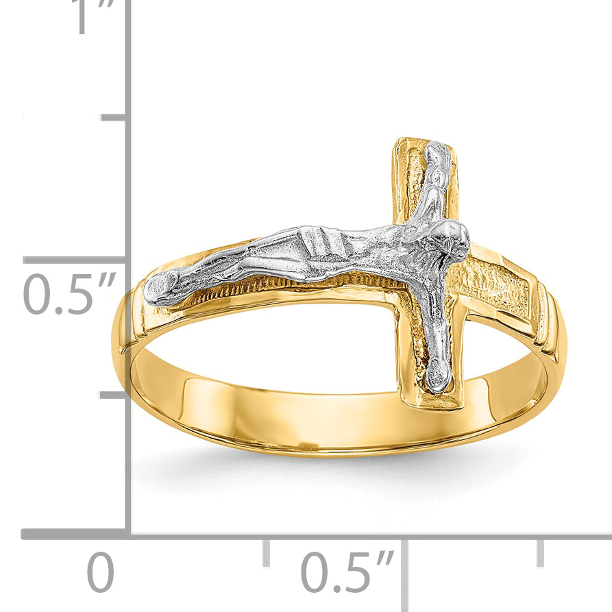 10K Two-Tone Polished Diamond-Cut Mens Crucifix Ring