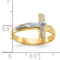 10K Two-Tone Polished Diamond-Cut Mens Crucifix Ring