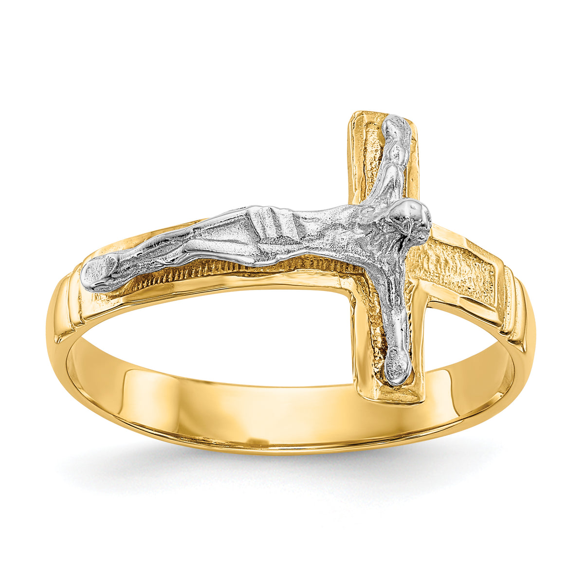 10K Two-Tone Polished Diamond-Cut Mens Crucifix Ring