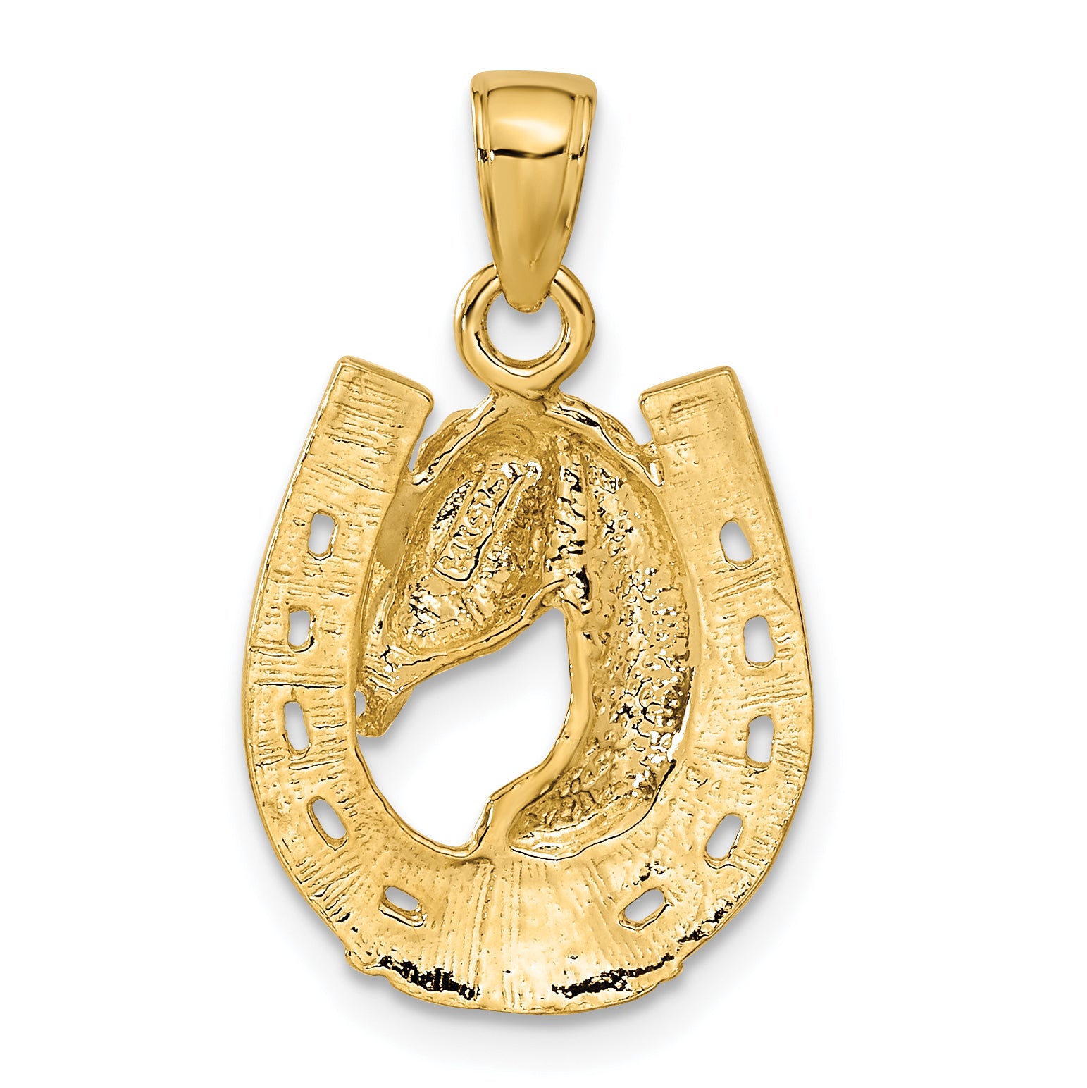 10k Solid Polished Horse Head in Horseshoe Pendant