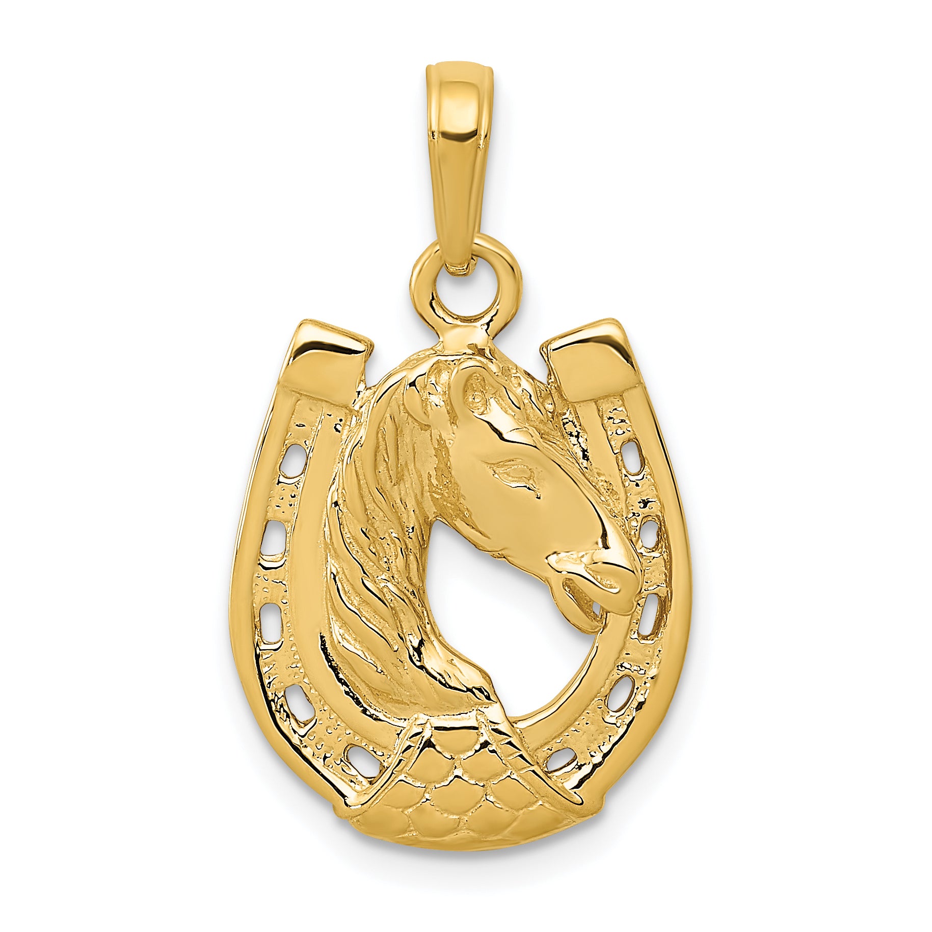 10k Solid Polished Horse Head in Horseshoe Pendant